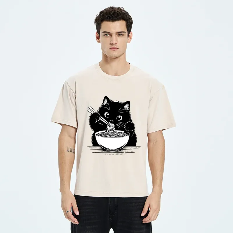 Tokyo-Tiger Cute Cat Eating Ramen Washed T-Shirt