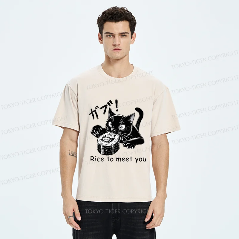 Tokyo-Tiger Fierce Cat Eating Sushi Washed T-Shirt