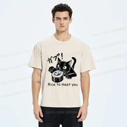 Tokyo-Tiger Fierce Cat Eating Sushi Washed T-Shirt
