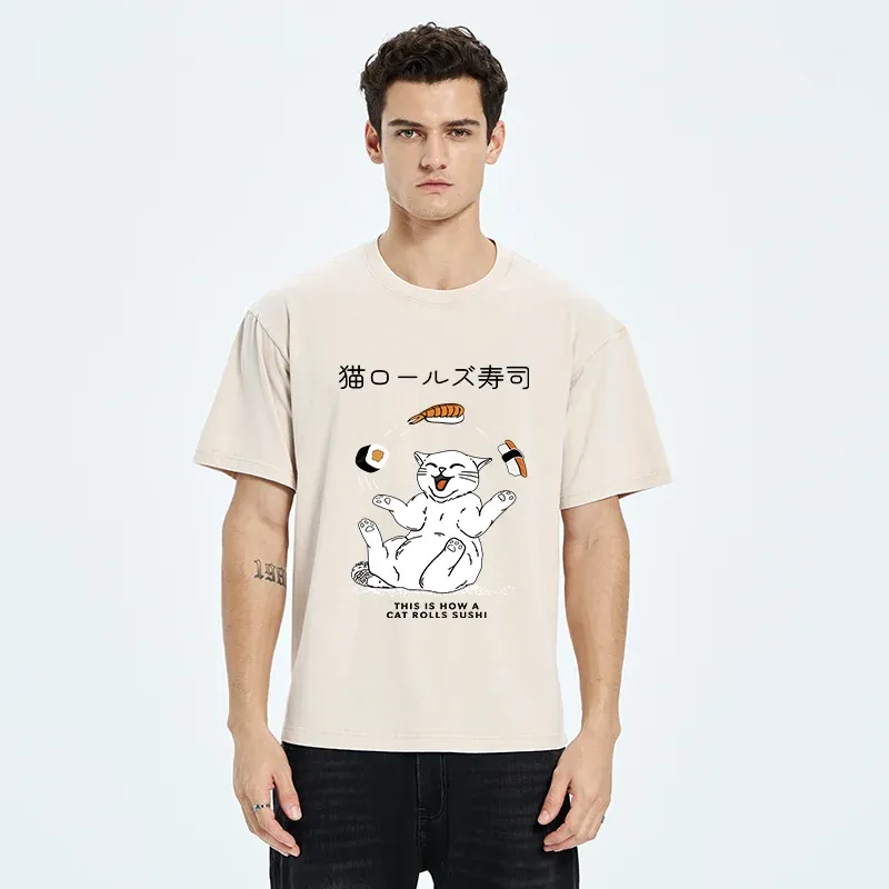 Tokyo-Tiger Funny Cat Rolls Sushi Washed T-Shirt