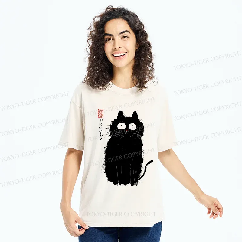 Tokyo-Tiger Black Cat With Puffed-up Fur Washed T-Shirt