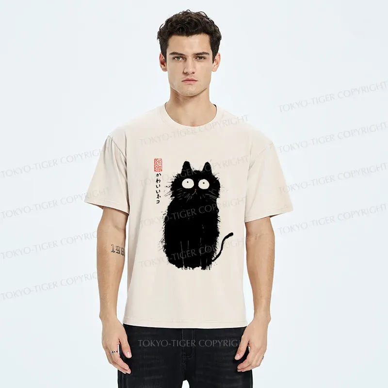 Tokyo-Tiger Black Cat With Puffed-up Fur Washed T-Shirt