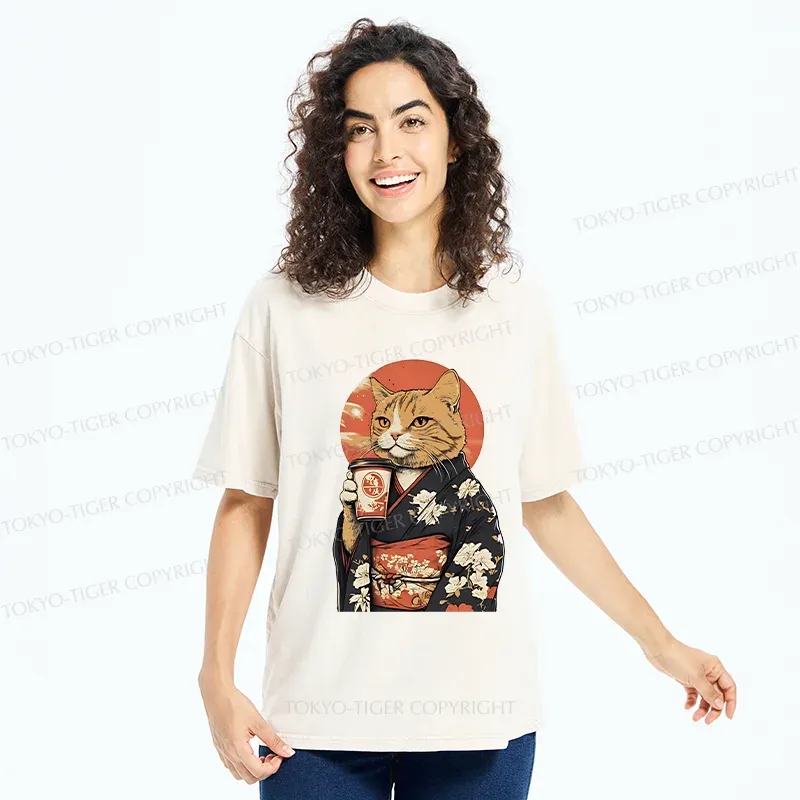 Tokyo-Tiger Cat Drinking Coffee Washed T-Shirt
