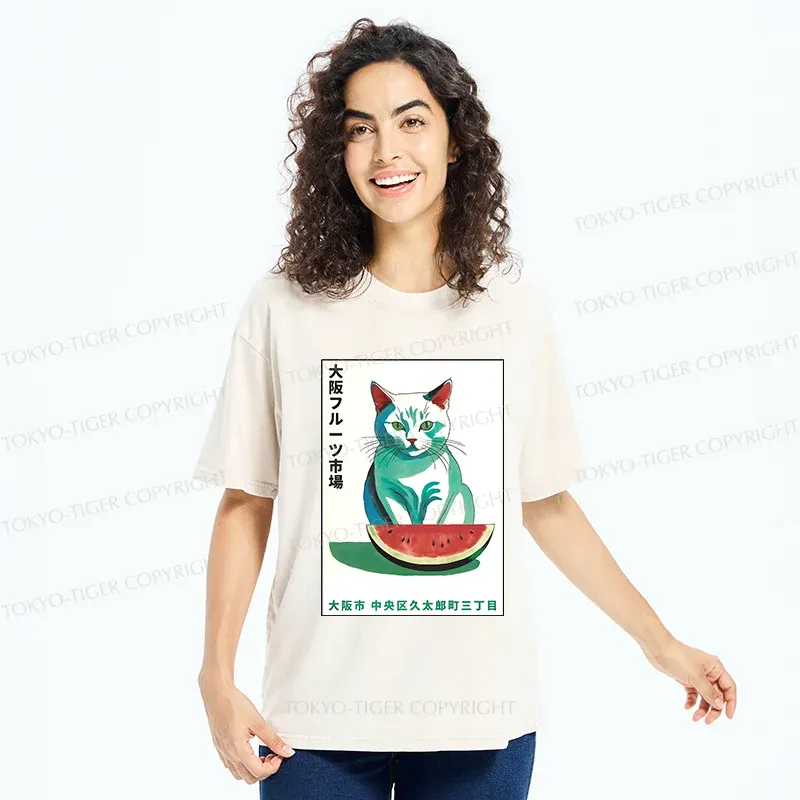 Tokyo-Tiger Cat And Watermelon Washed T-Shirt