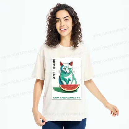 Tokyo-Tiger Cat And Watermelon Washed T-Shirt