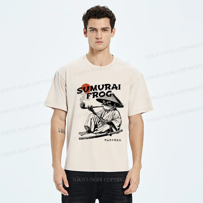 Tokyo-Tiger Samurai Frog Funny Washed T-Shirt
