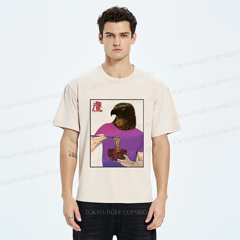 Tokyo-Tiger Eagle Eating Ramen Washed T-Shirt