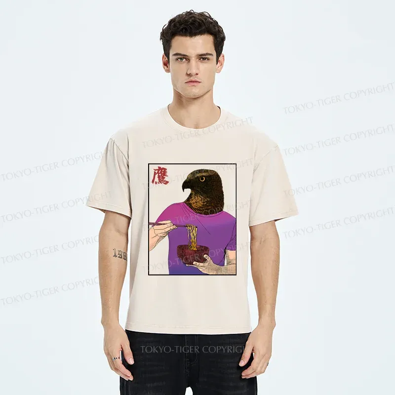 Tokyo-Tiger Eagle Eating Ramen Washed T-Shirt