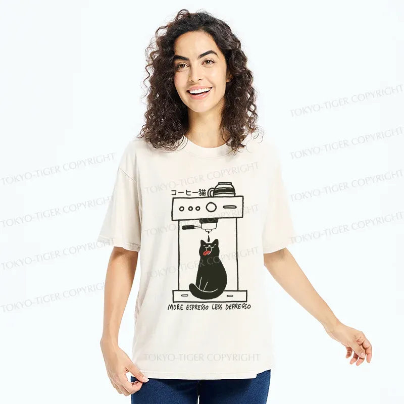 Tokyo-Tiger Cat Drinking Coffee Washed T-Shirt