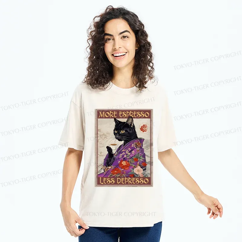 Tokyo-Tiger Japanese Cat Drinking Coffee Washed T-Shirt