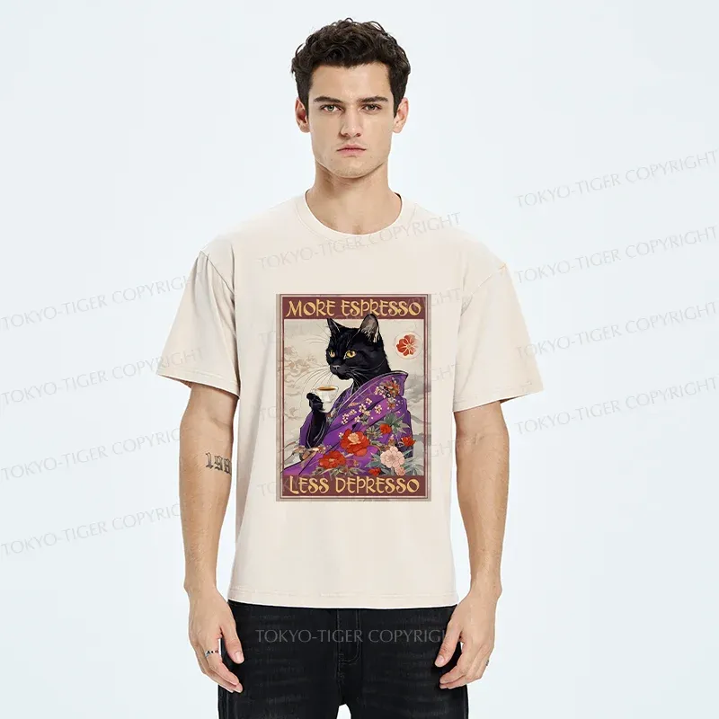 Tokyo-Tiger Japanese Cat Drinking Coffee Washed T-Shirt