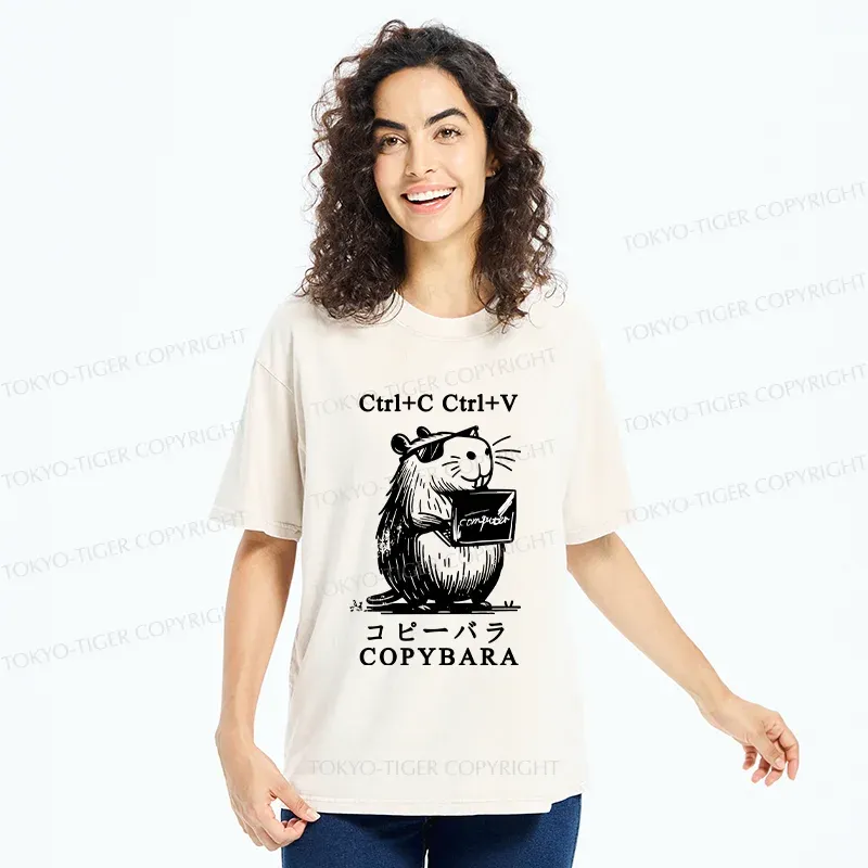 Tokyo-Tiger Capybara At Work Washed T-Shirt