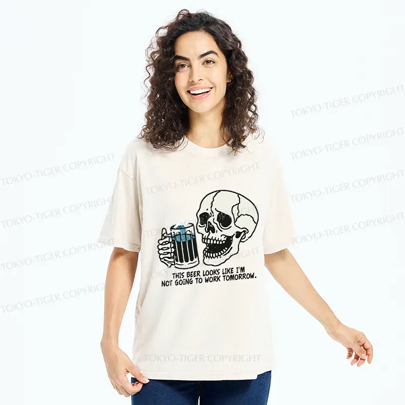 Tokyo-Tiger Drinking Skeleton Washed T-Shirt