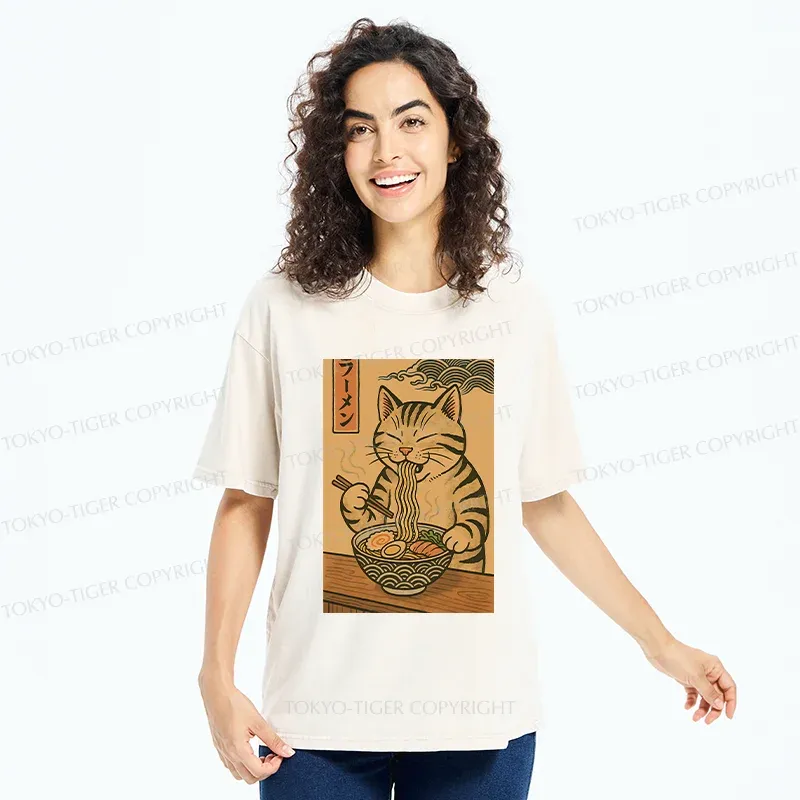 Tokyo-Tiger Retro Cat Eating Ramen Poster Washed T-Shirt