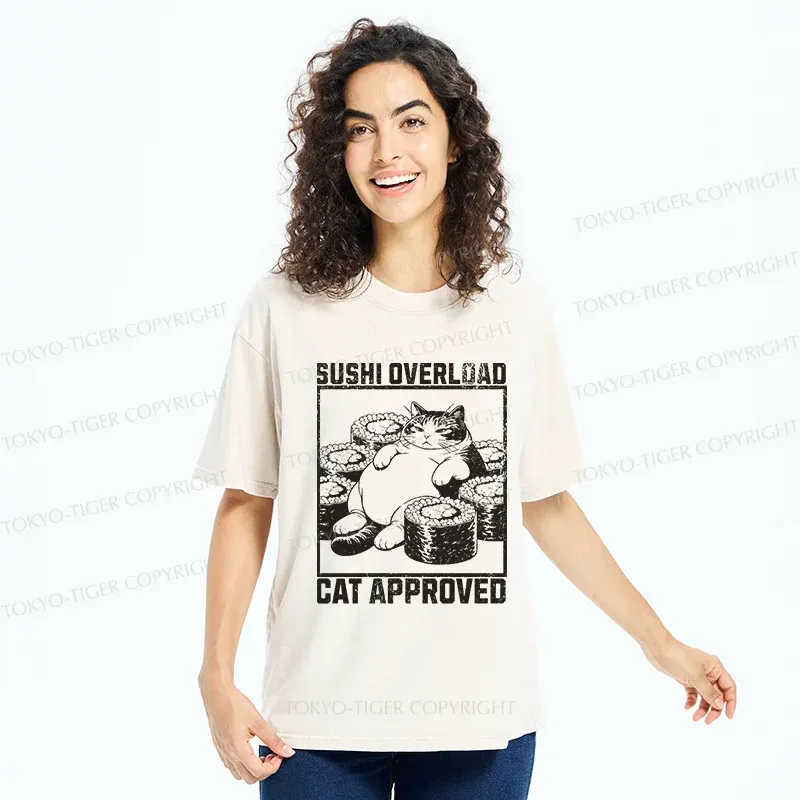 Tokyo-Tiger Fat Cat And Sushi Washed T-Shirt