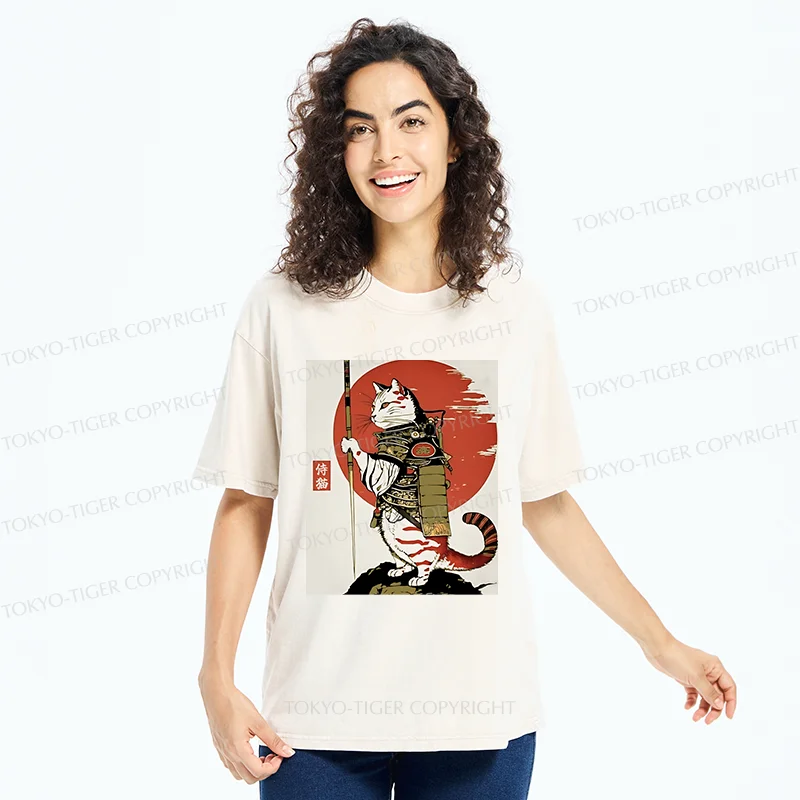 Tokyo-Tiger Samurai Cat Holding Sword Washed T-Shirt