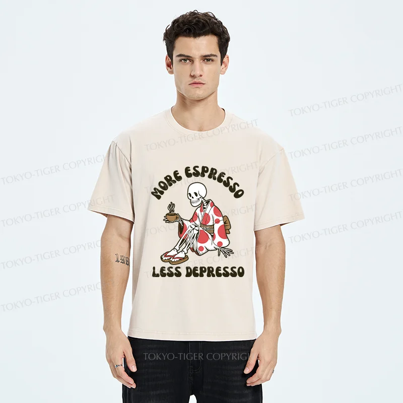 Tokyo-Tiger Skeleton Drinking Coffee Washed T-Shirt