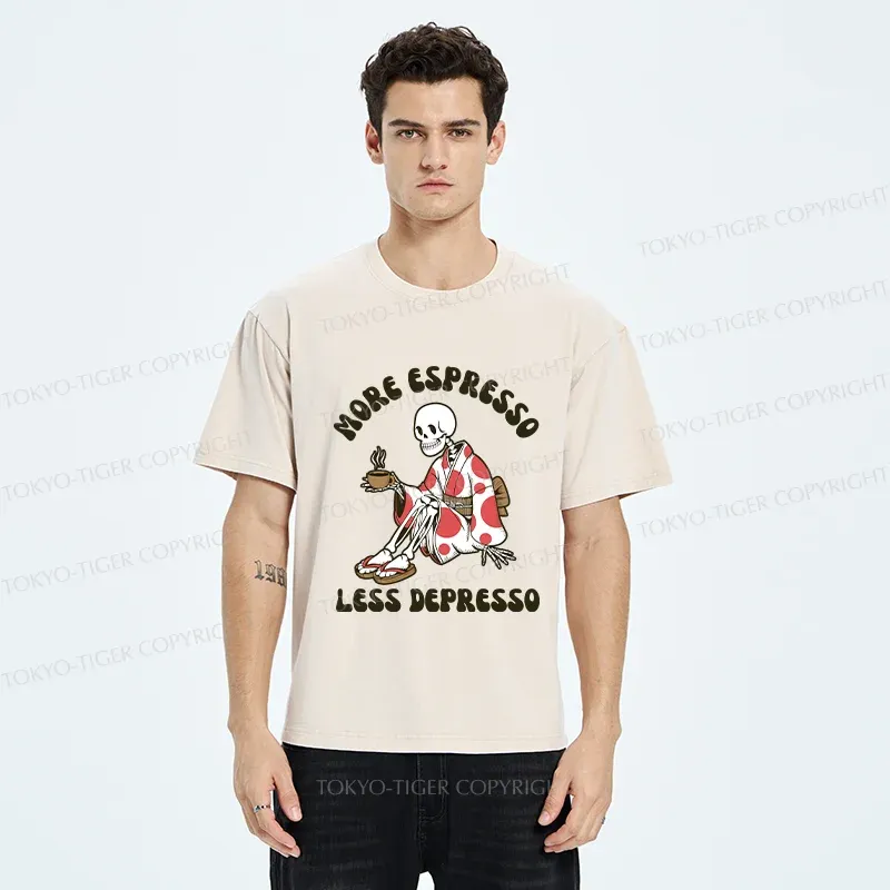 Tokyo-Tiger Skeleton Drinking Coffee Washed T-Shirt
