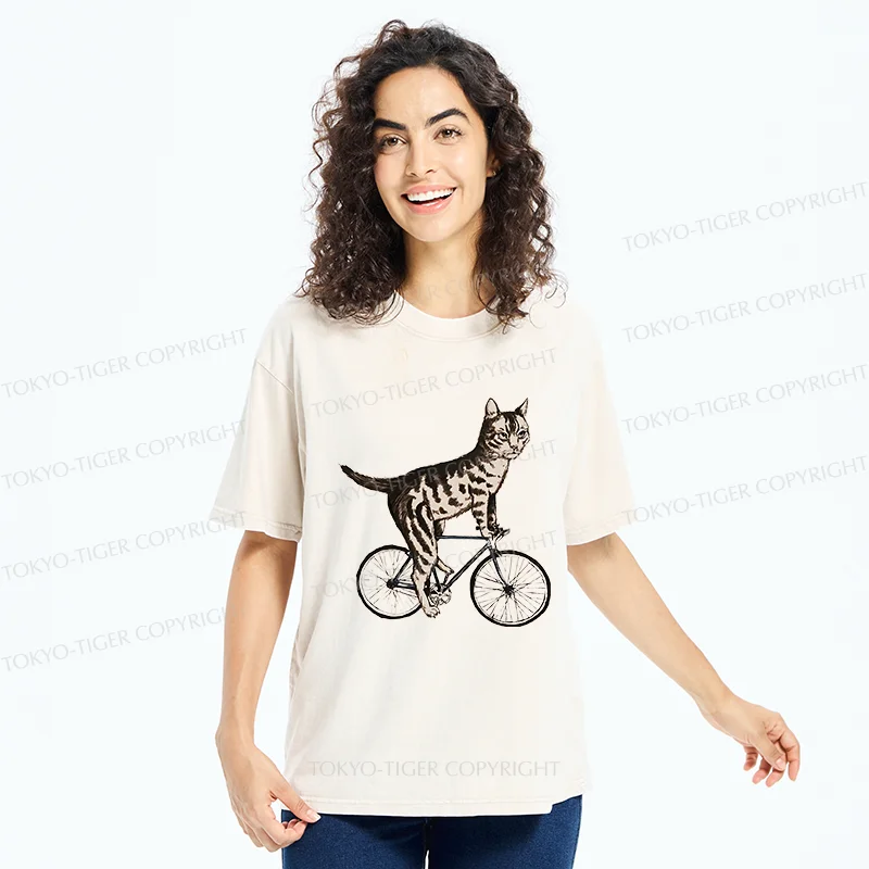 Tokyo-Tiger Cat Riding A Bicycle Washed T-Shirt