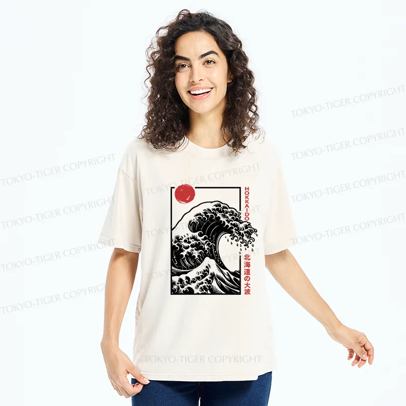Tokyo-Tiger Japanese Ukiyoe Wave Washed T-Shirt