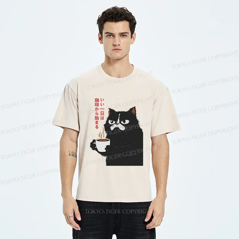 Tokyo-Tiger Black Cat Drinking Coffee Washed T-Shirt