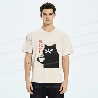Tokyo-Tiger Black Cat Drinking Coffee Washed T-Shirt