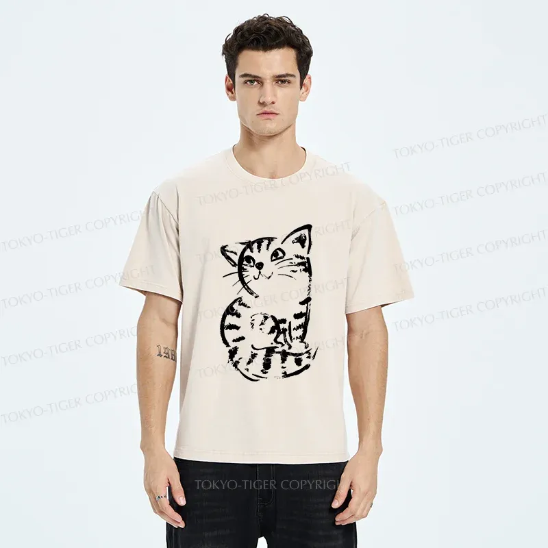 Tokyo-Tiger Retro Japanese Cat Washed T-Shirt