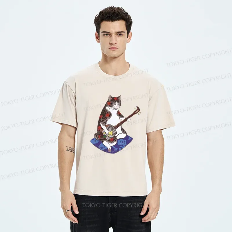 Tokyo-Tiger Cat Playing Shamisen Washed T-Shirt