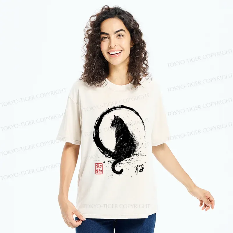 Tokyo-Tiger Retro Japanese Black Cat Washed T-Shirt