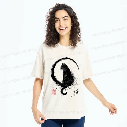 Tokyo-Tiger Retro Japanese Black Cat Washed T-Shirt
