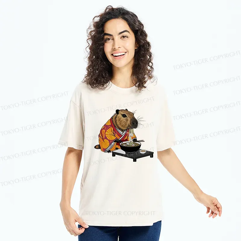 Tokyo-Tiger Cute Capybara Eating Ramen Washed T-Shirt