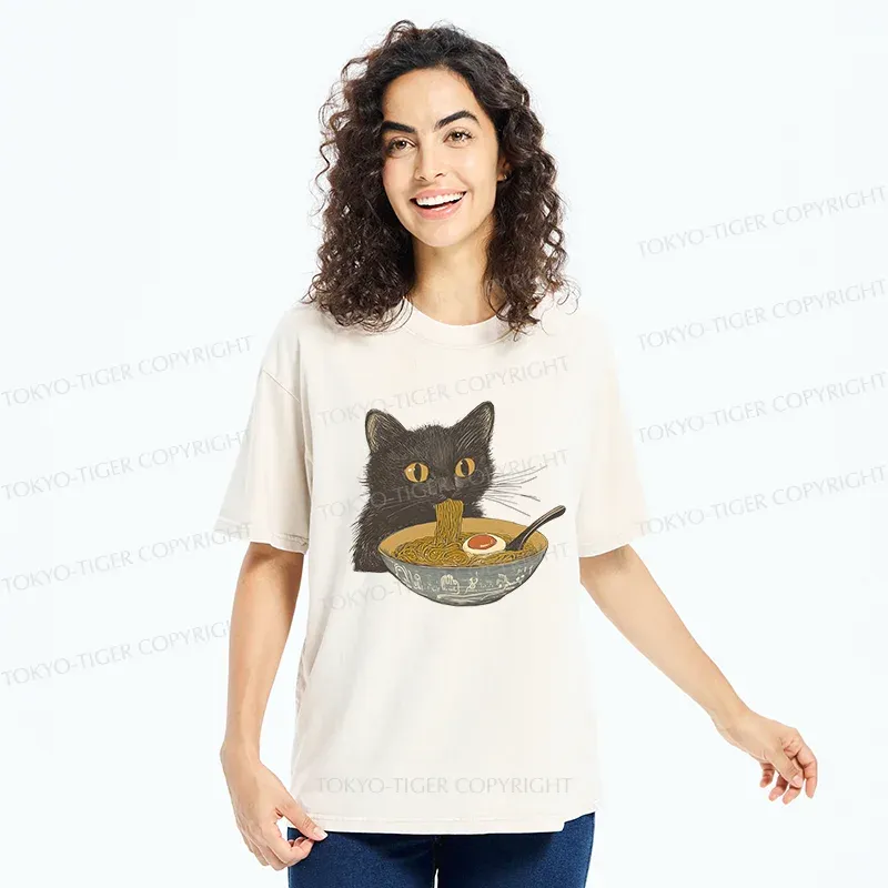 Tokyo-Tiger Cat Eating Tonkotsu Ramen Washed T-Shirt