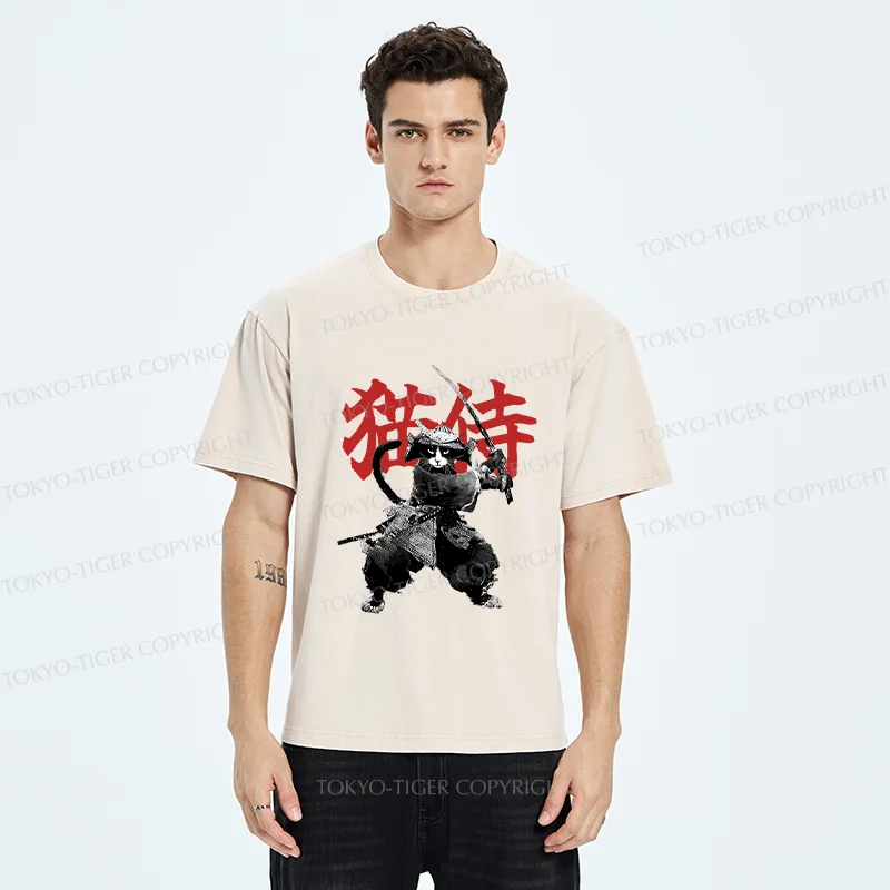 Tokyo-Tiger Black Cat Samurai Washed T-Shirt