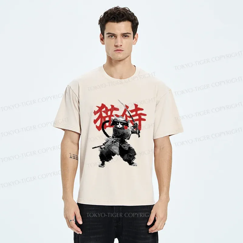 Tokyo-Tiger Black Cat Samurai Washed T-Shirt