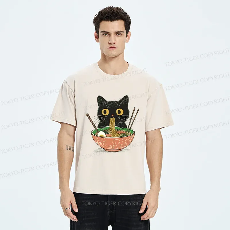 Tokyo-Tiger Black Cat Steals Ramen Washed T-Shirt