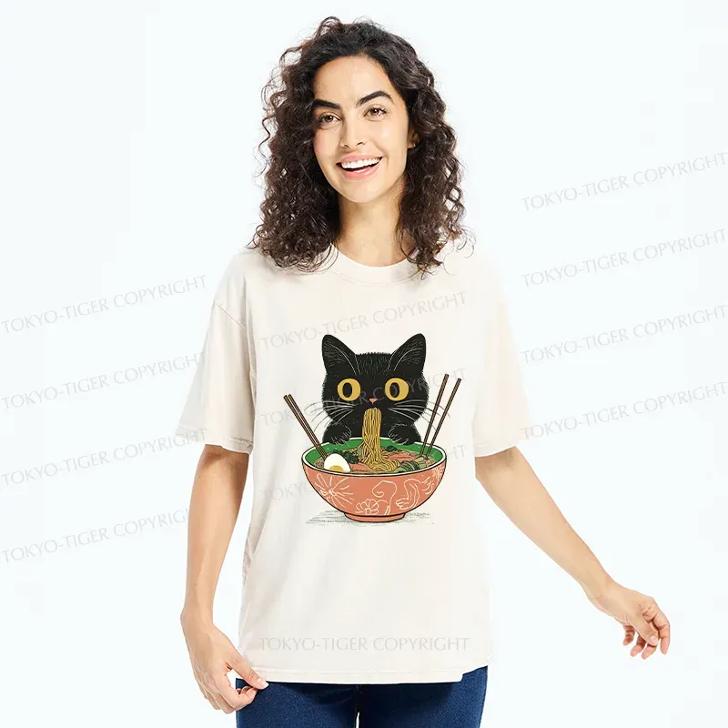 Tokyo-Tiger Black Cat Steals Ramen Washed T-Shirt