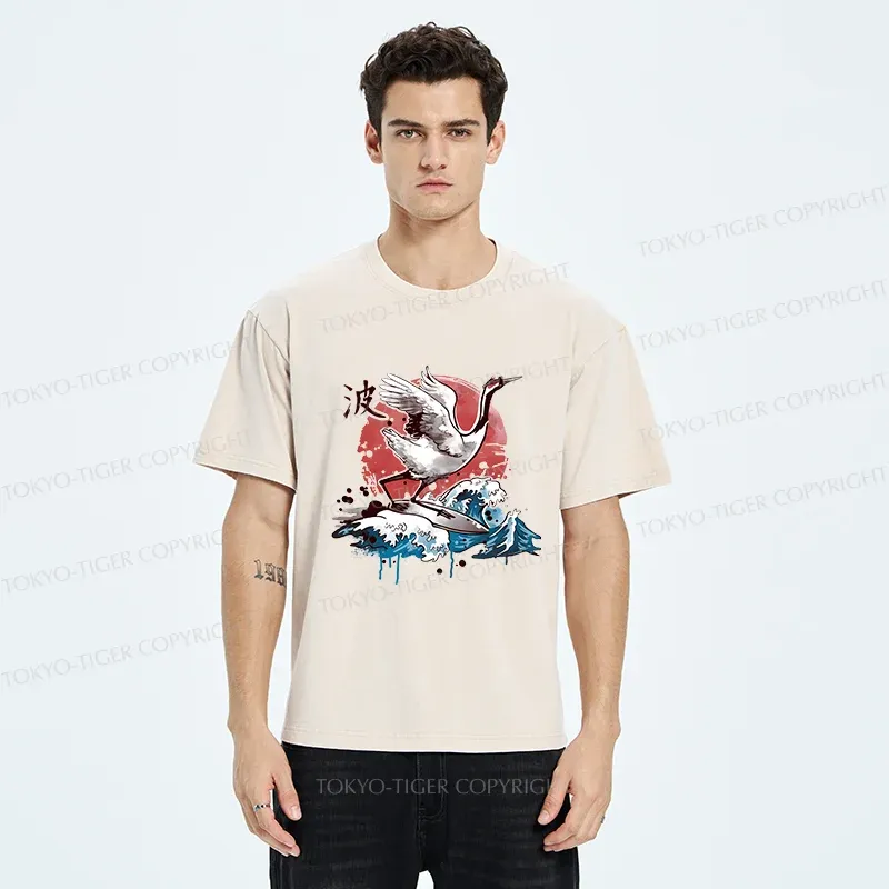 Tokyo-Tiger Crane Surfing Washed T-Shirt
