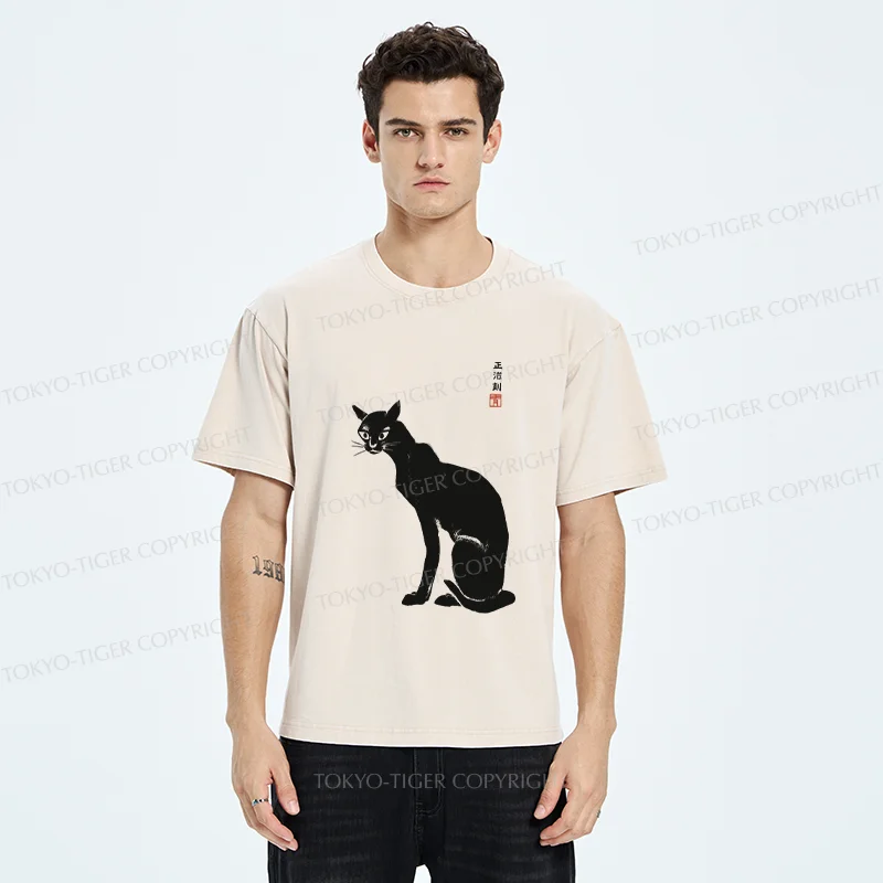 Tokyo-Tiger Slender Black Cat Washed T-Shirt