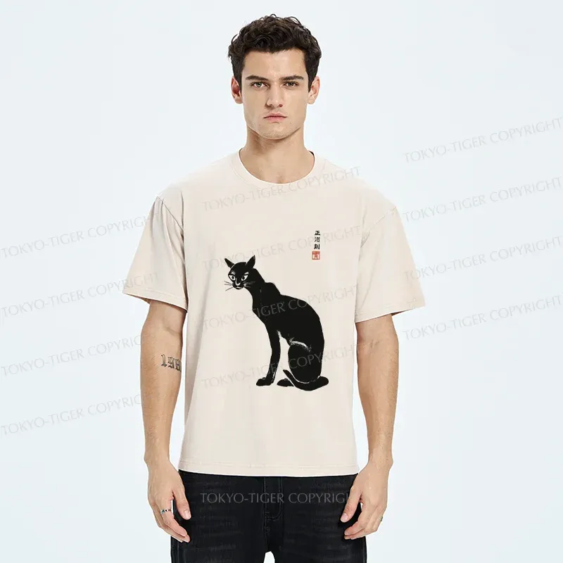 Tokyo-Tiger Slender Black Cat Washed T-Shirt