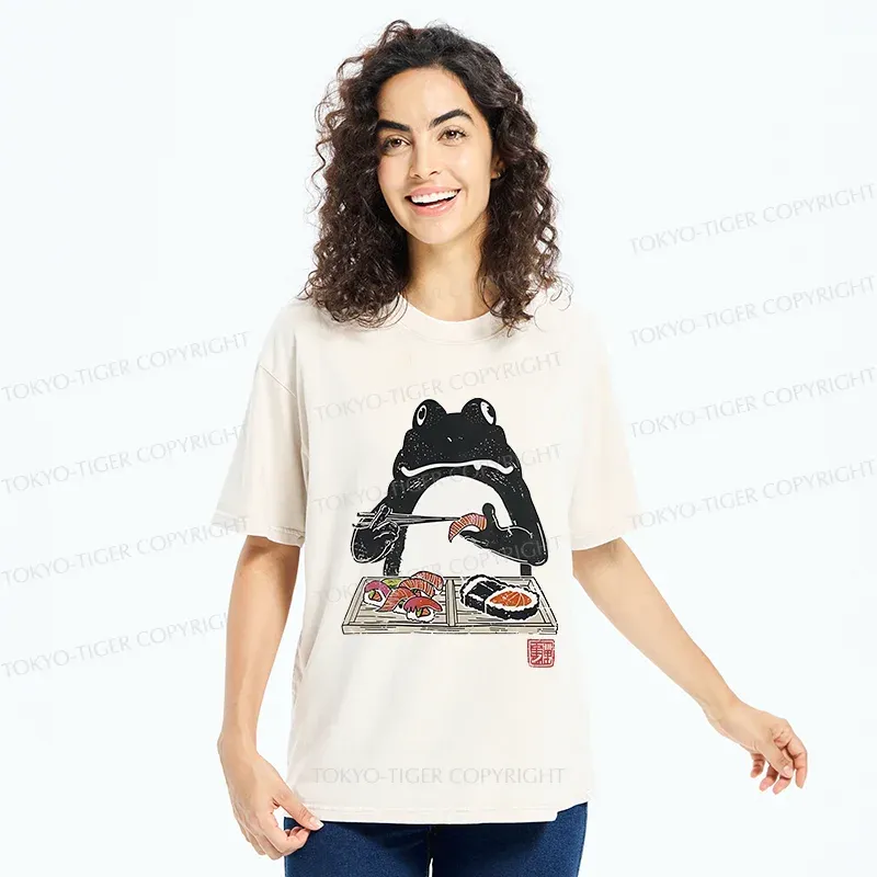 Tokyo-Tiger Frog Eating Sushi Washed T-Shirt