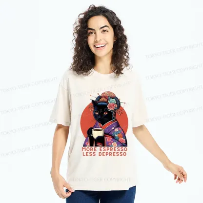 Tokyo-Tiger Black Cat Geisha Drinking Coffee Washed T-Shirt