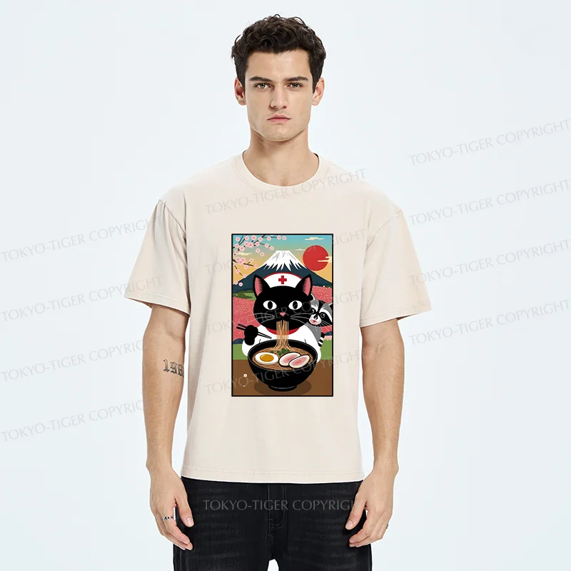 Tokyo-Tiger Nurse Cat Eating Ramen Washed T-Shirt