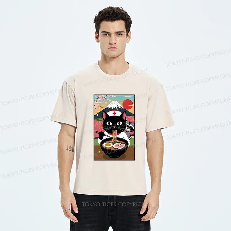 Tokyo-Tiger Nurse Cat Eating Ramen Washed T-Shirt