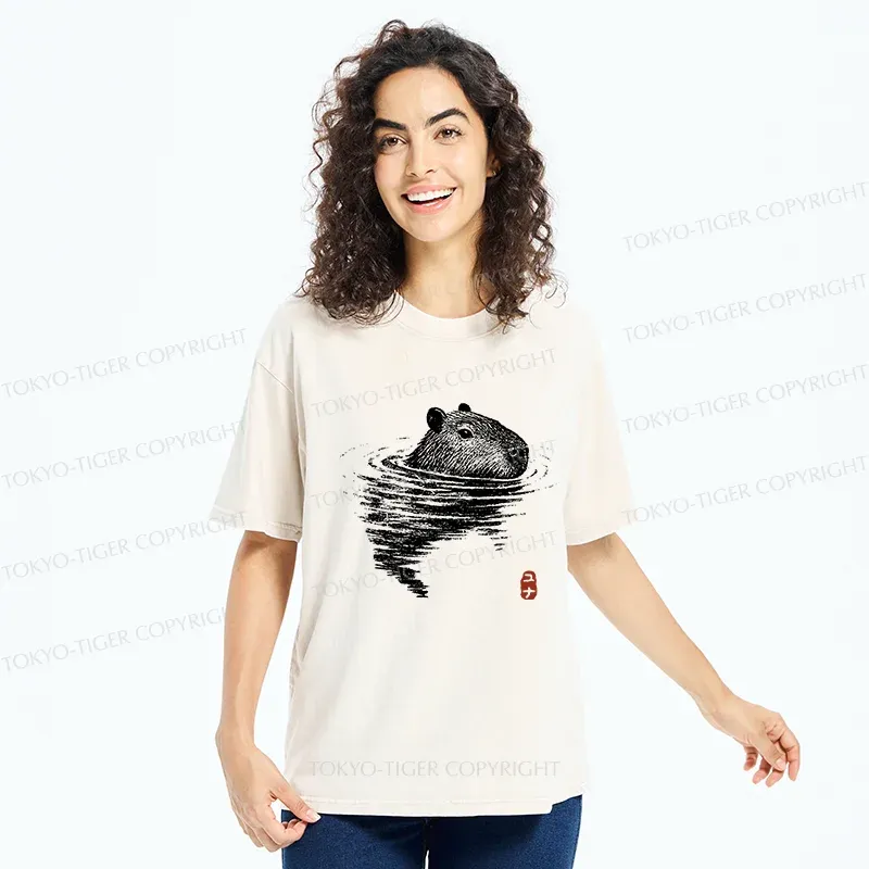 Tokyo-Tiger Swimming Capybara Washed T-Shirt