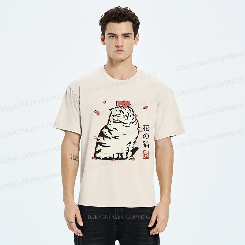 Tokyo-Tiger Cat And Sakura Washed T-Shirt