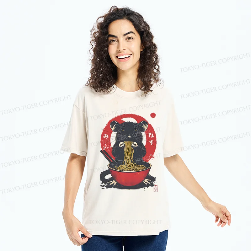 Tokyo-Tiger Mouse Eating Ramen Washed T-Shirt