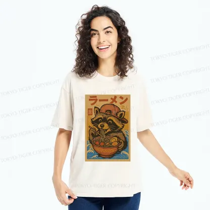 Tokyo-Tiger Cute Raccoon Eating Ramen Washed T-Shirt