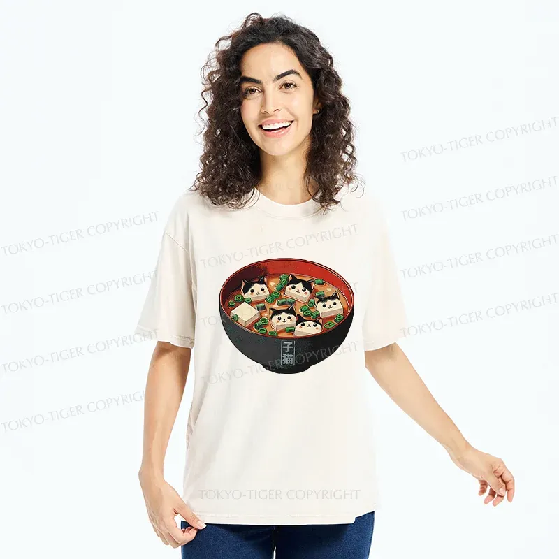 Tokyo-Tiger Cat Tofu Soup Washed T-Shirt