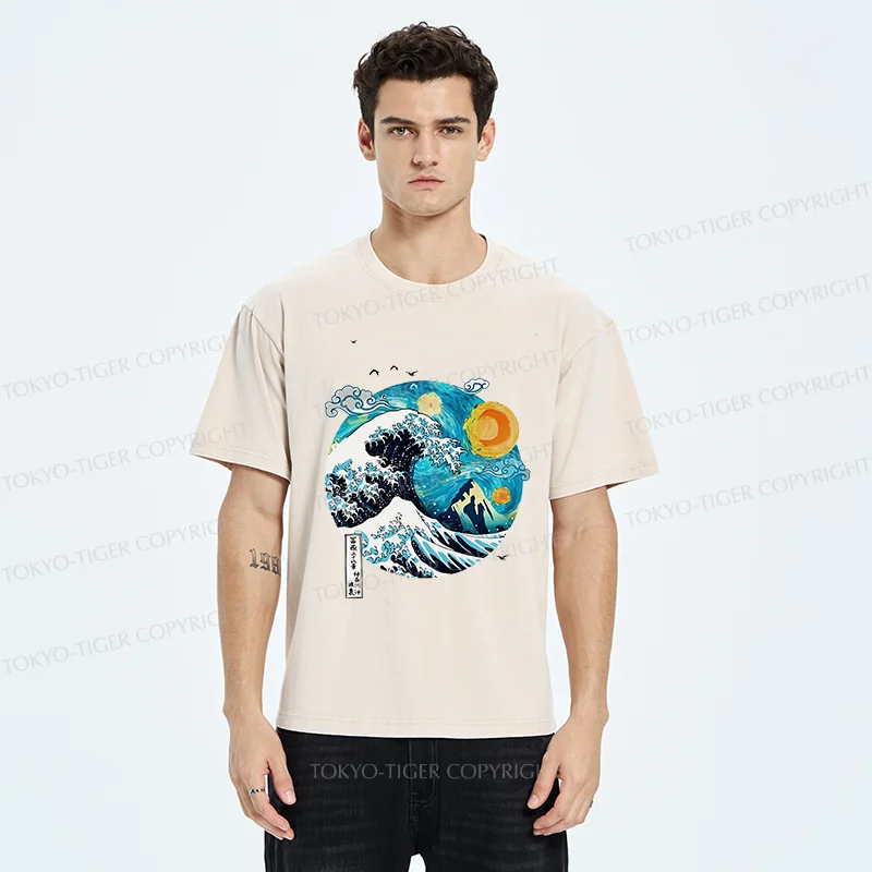 Tokyo-Tiger Waves Under The Starry Sky Washed T-Shirt