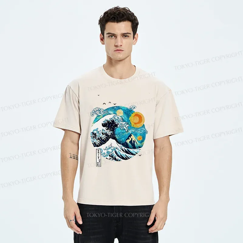 Tokyo-Tiger Waves Under The Starry Sky Washed T-Shirt